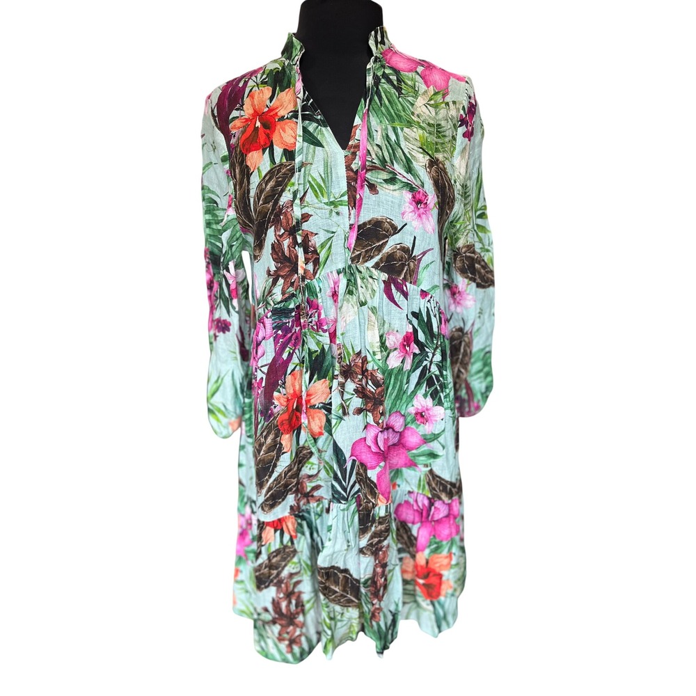 Tropical Floral Tiered Mini Dress Long Sleeve Split Neck Blue Pink Summer L
